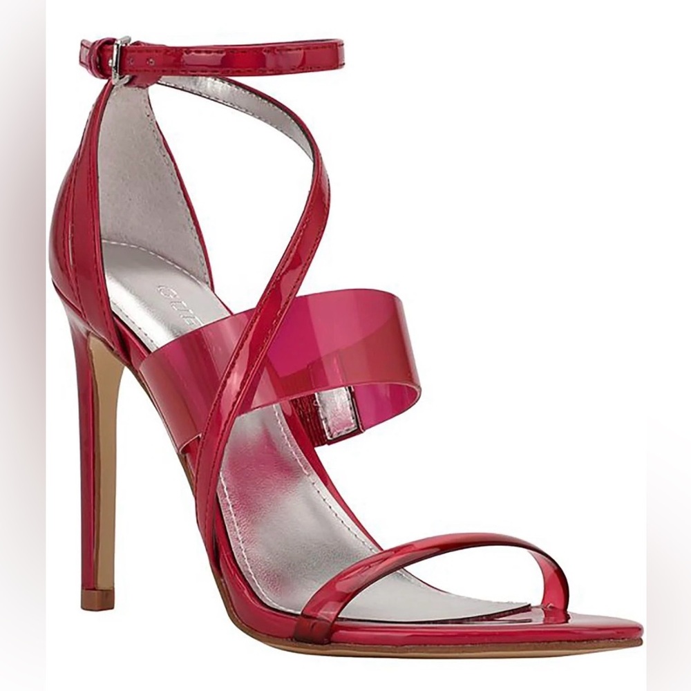 GUESS Felecia Dark Pink Metallic Lucite Strap Stiletto Sandals - Size 7.5M (NIB)
